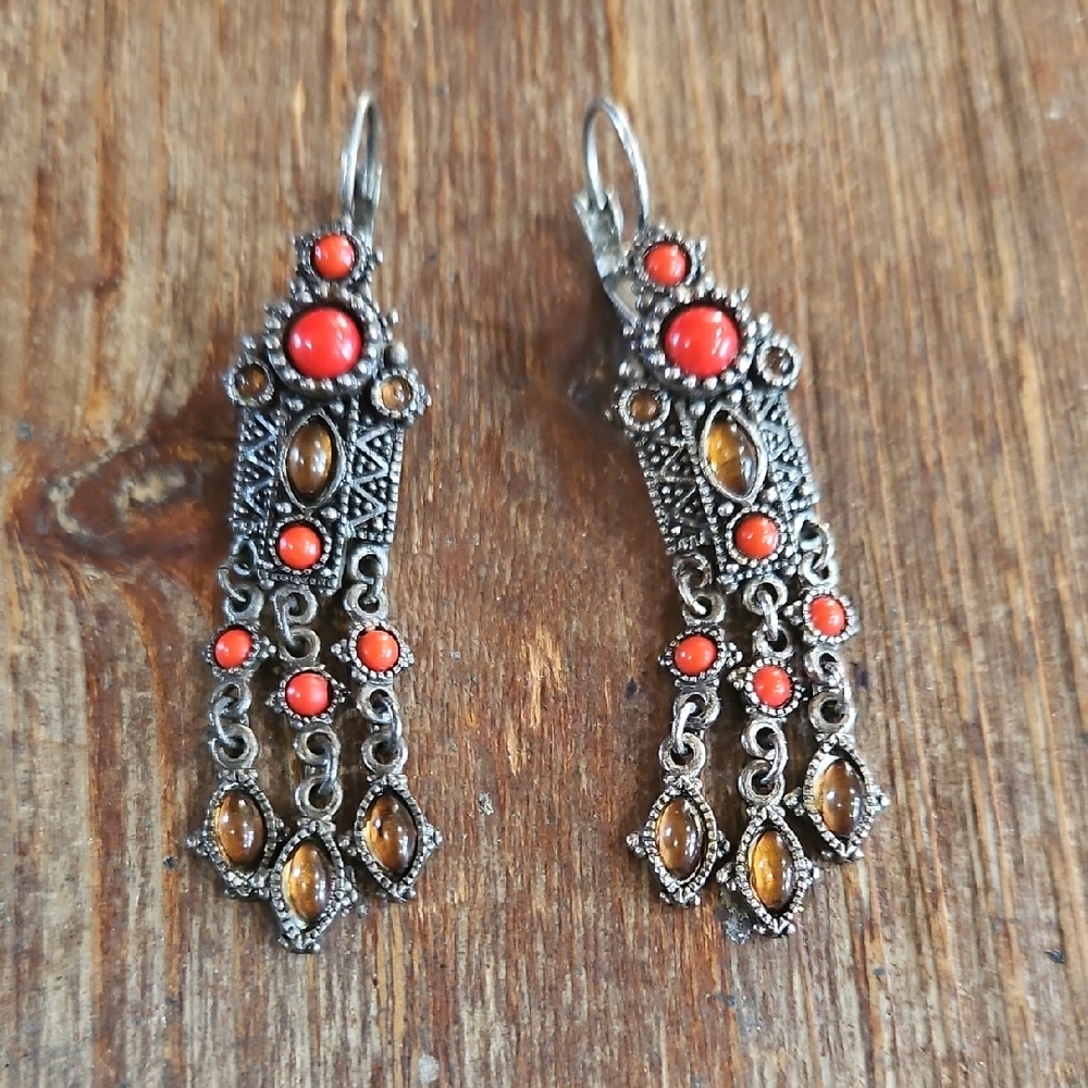 Vintage Laila Rowe Coral And Silver Dangle Earrings